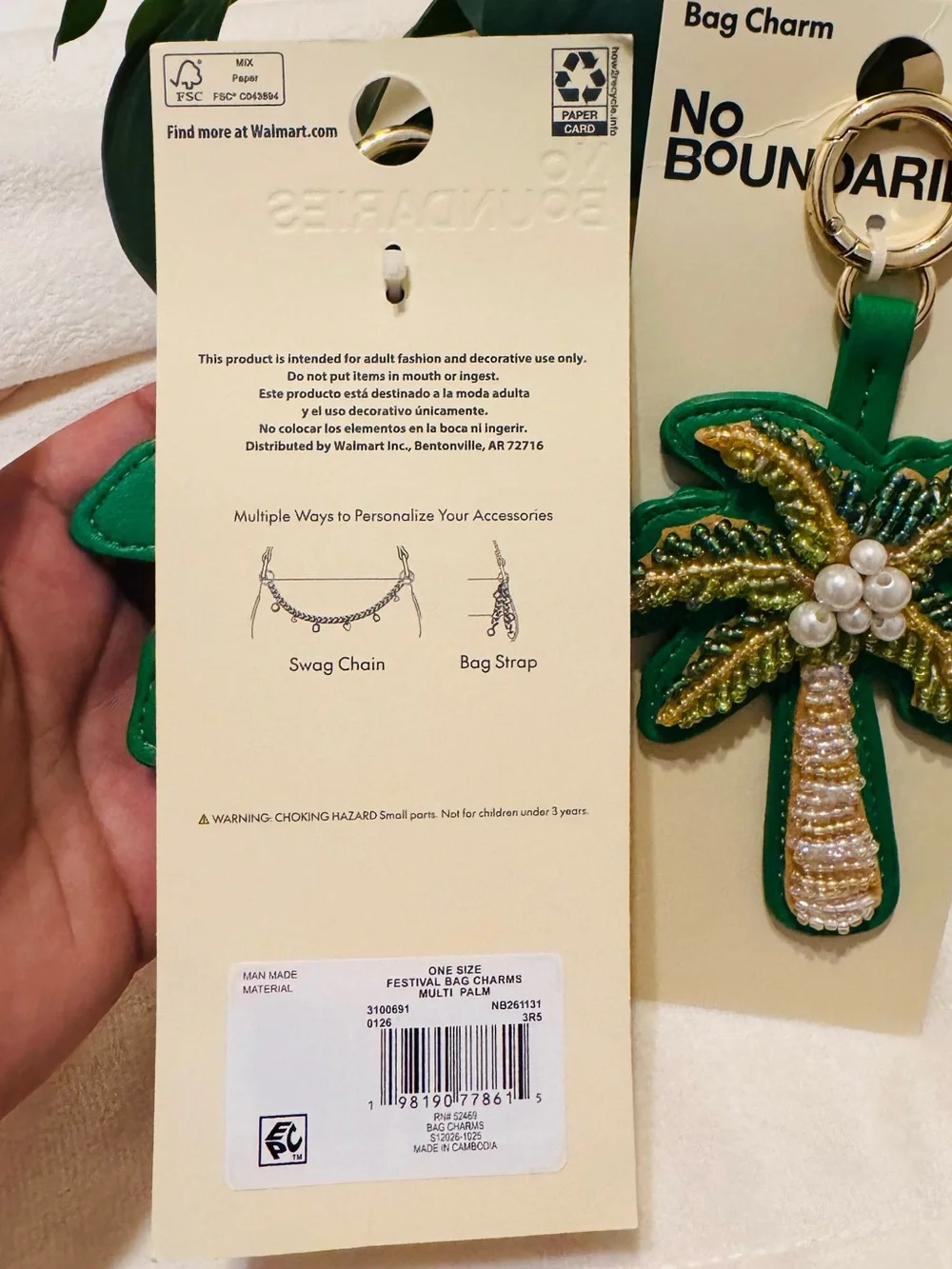 No Boundaries Women's Festival Bag Charm, Multi Beaded Palm